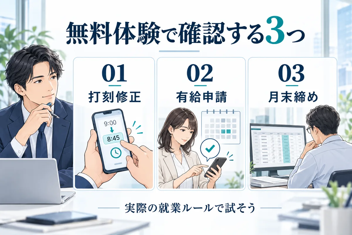 無料体験で打刻修正、有給申請、月末締めを確認するイメージ