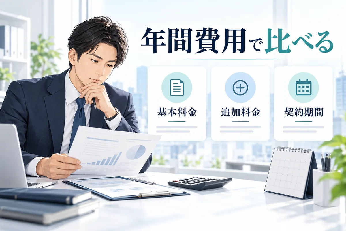 基本料金、追加料金、契約期間から年間費用を比べるイメージ