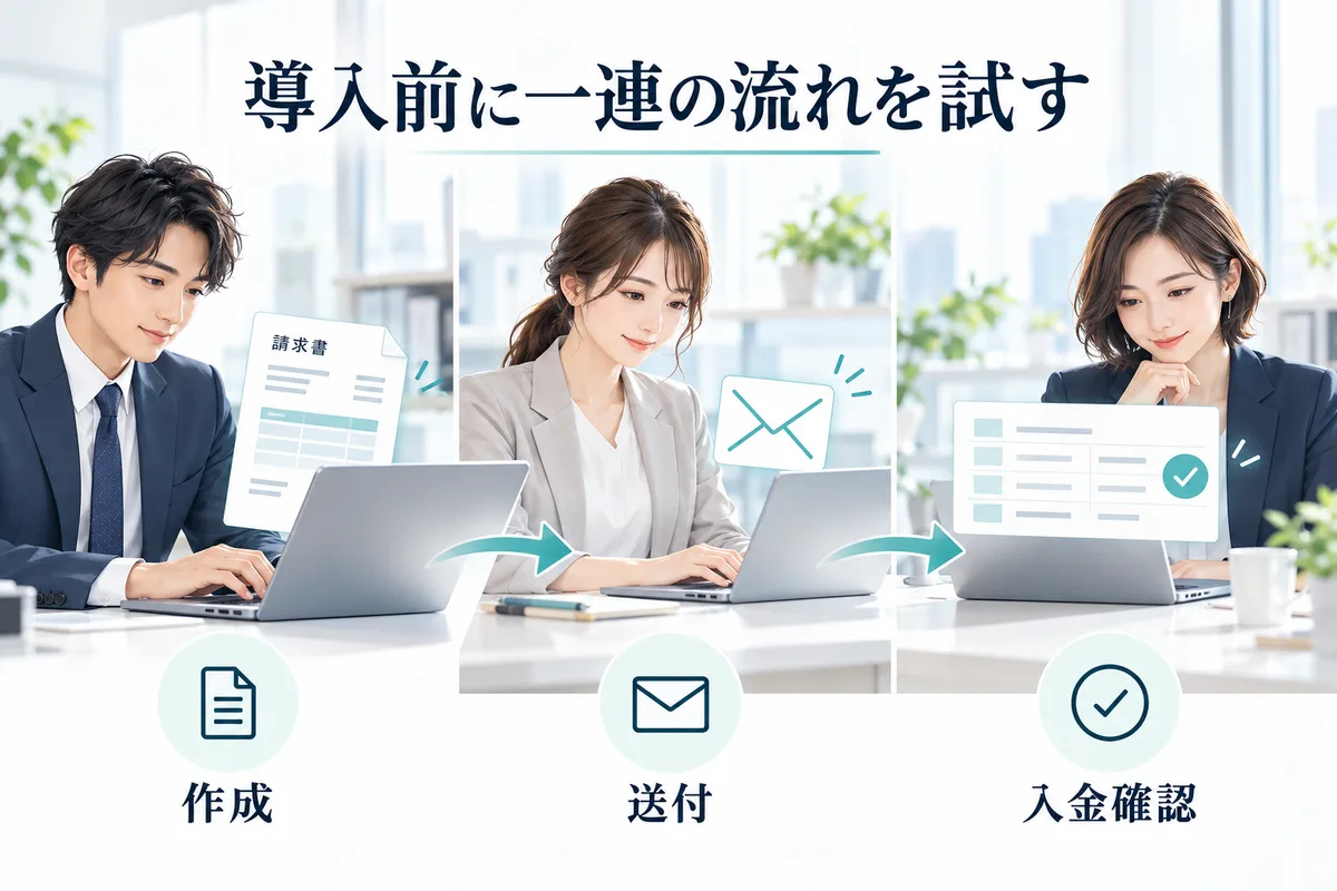 請求書の作成、送付、入金確認を試す流れ