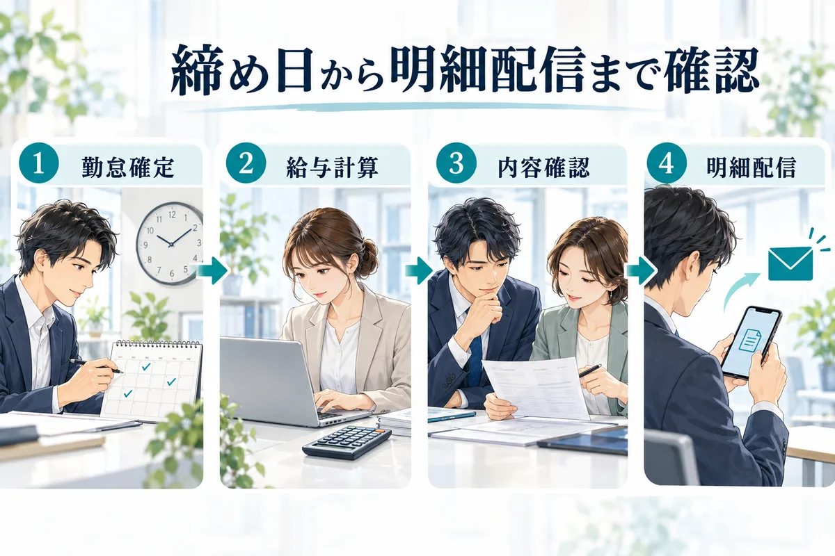 勤怠確定、給与計算、内容確認、明細配信の4段階