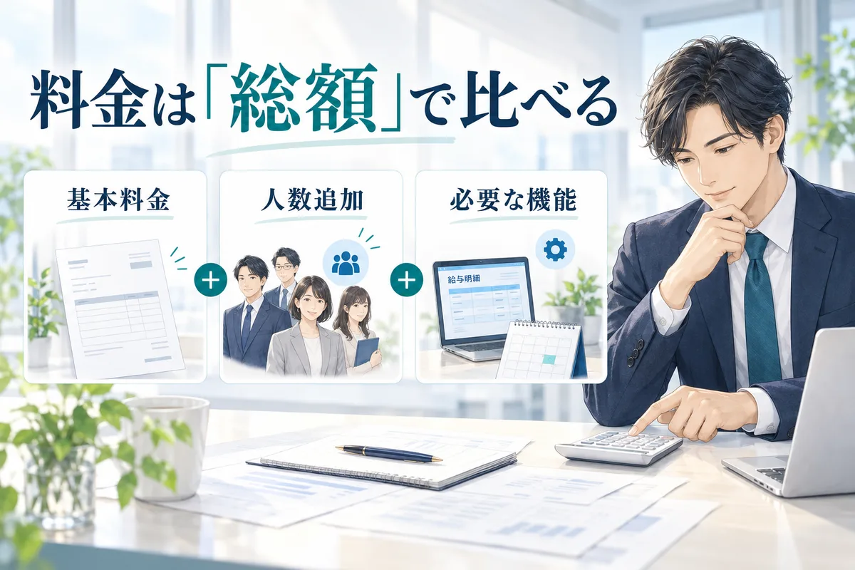 基本料金に人数追加と必要な機能の費用を加えて総額を比べるイメージ